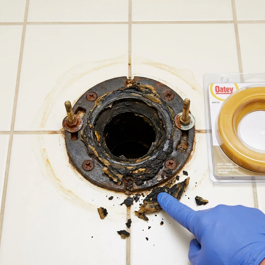 Failed wax ring showing water seepage at the base of a toilet in a Valparaiso, FL home