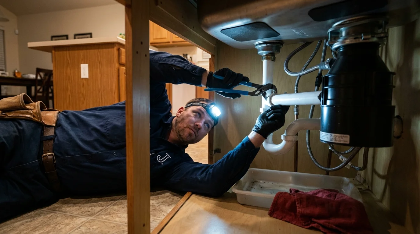 P-trap and supply line connections under a kitchen sink showing a common leak point in Valparaiso, FL